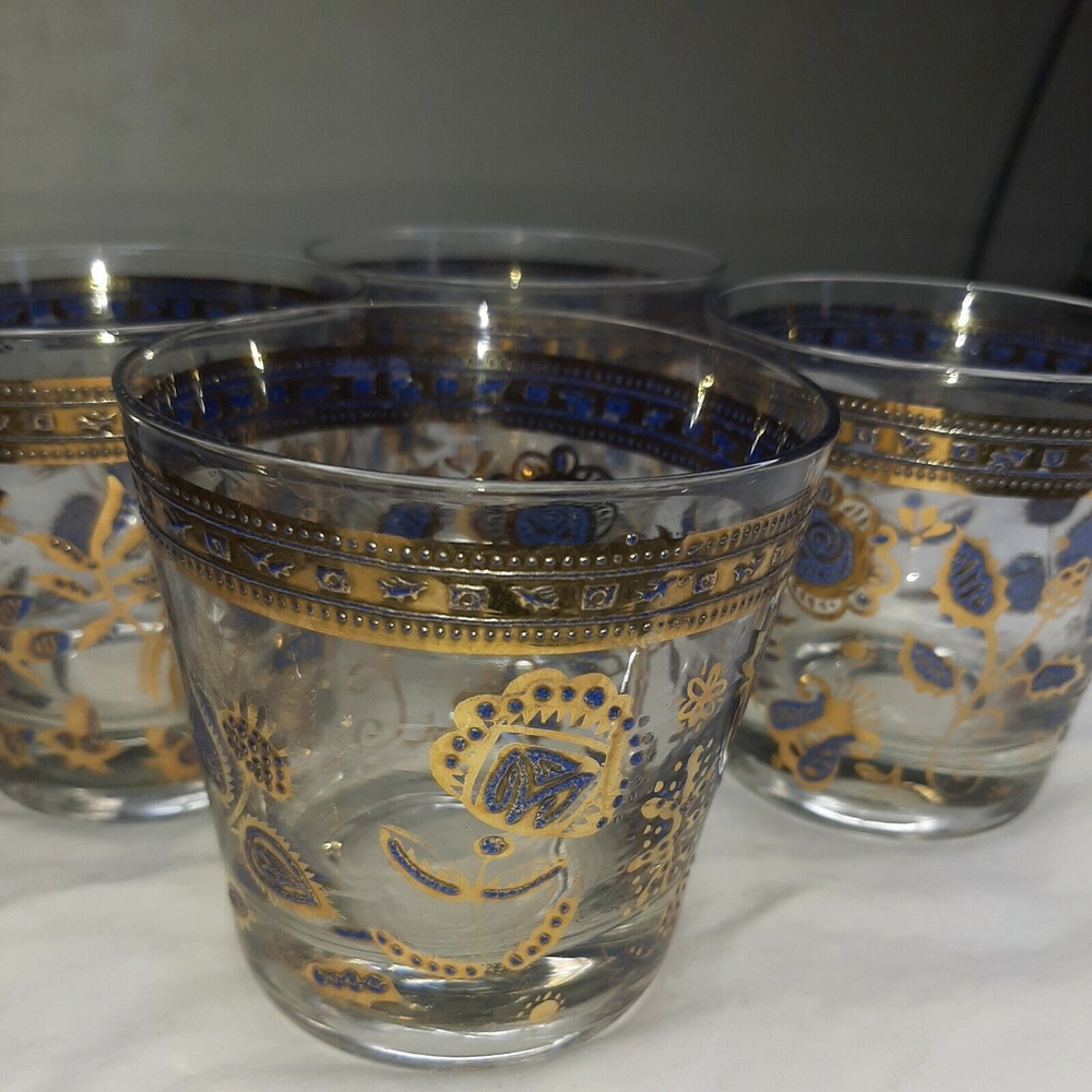 Vintage Bohemian Czech Gold gilt and Blue Crystal Tumbler Glasses x 4